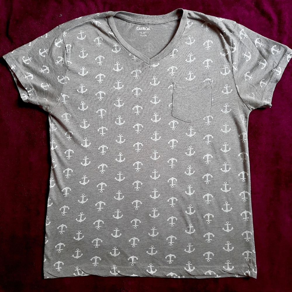 Carbon M (Men's) V-neck Gray Short Sleeve Anchor Patterned T-Shirt
